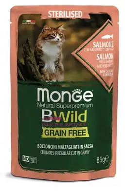 Monge Cat BWild Grain Free влажный беззерновой корм для стерилизованных кошек с лососем, креветками и овощами (пауч)